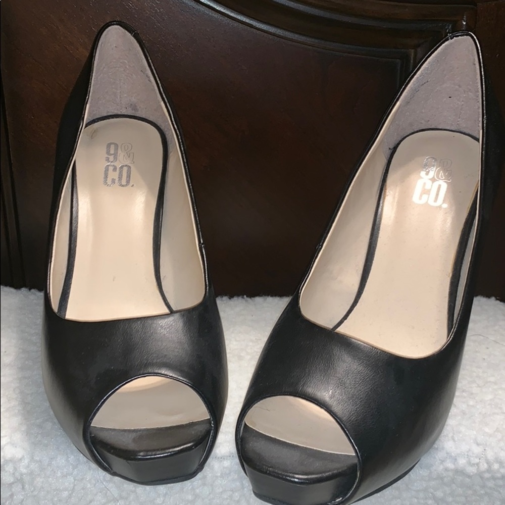 Black leather peep toe heels